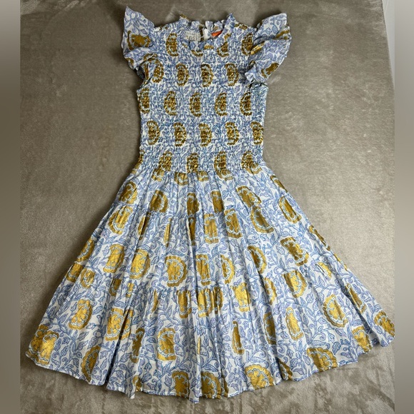 OLIPHANT Smocked Vine Blue Flirty Short Dress Small High Neck Ruffle Cotton - Picture 4 of 14